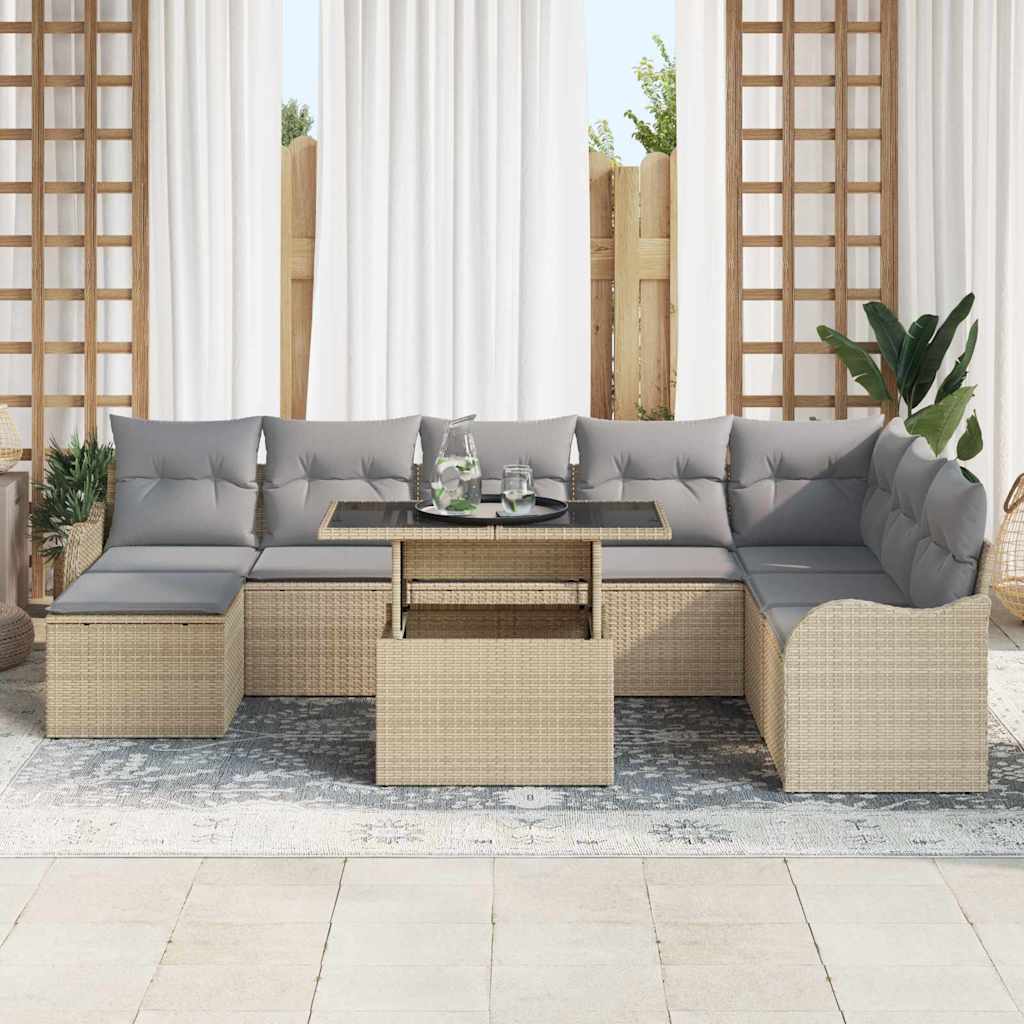 Havesofa Sæt med pude med opbevaring 9 pcs Beige Poly rattan