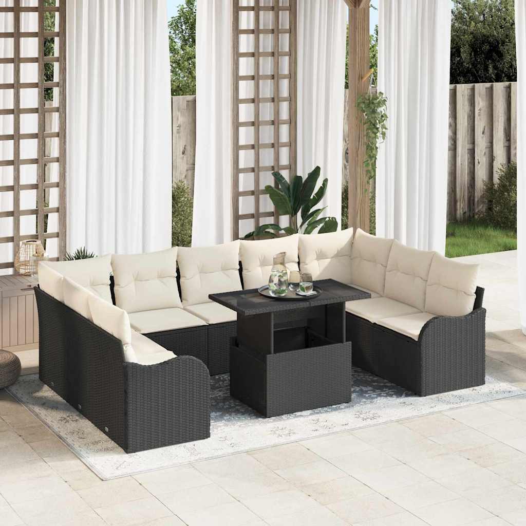 Havesofa Sæt med pude med pude 10 pcs Sort Poly Rattan