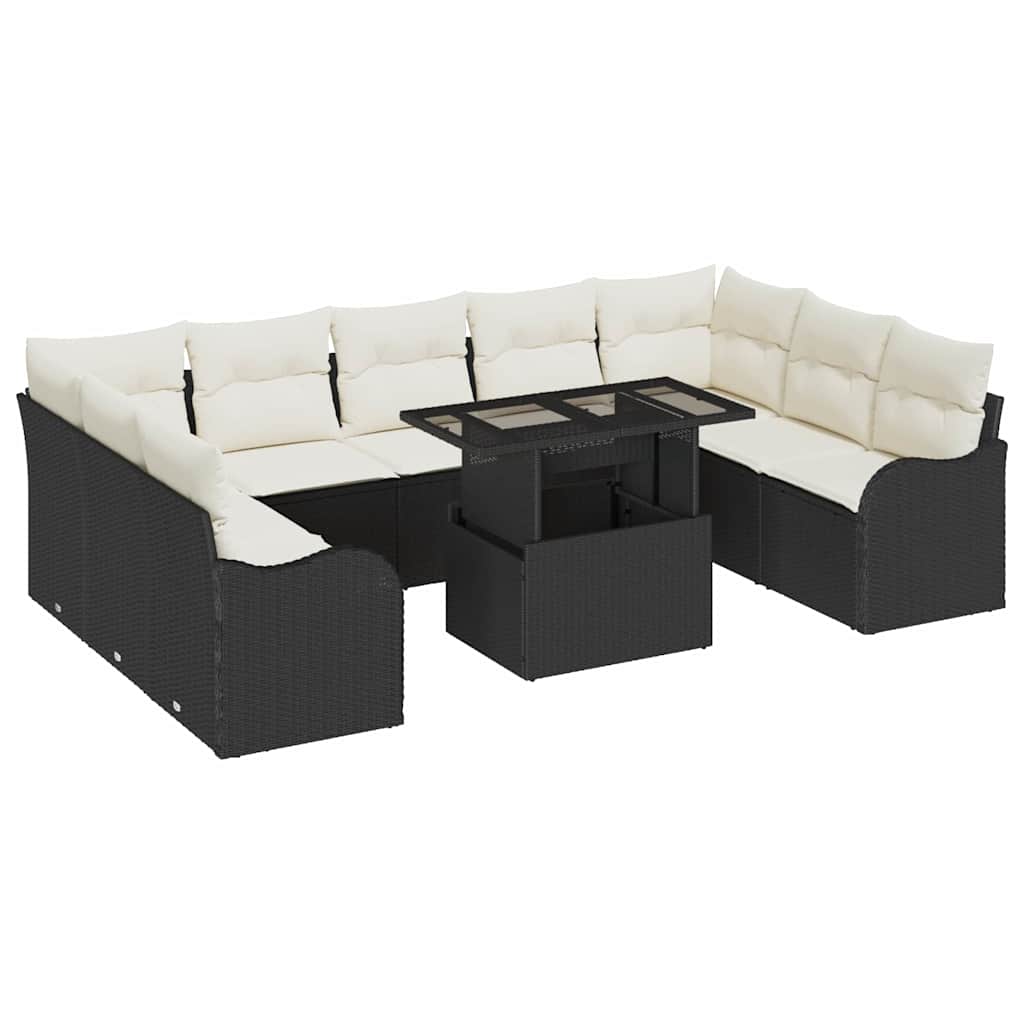 Havesofa Sæt med pude med pude 10 pcs Sort Poly Rattan