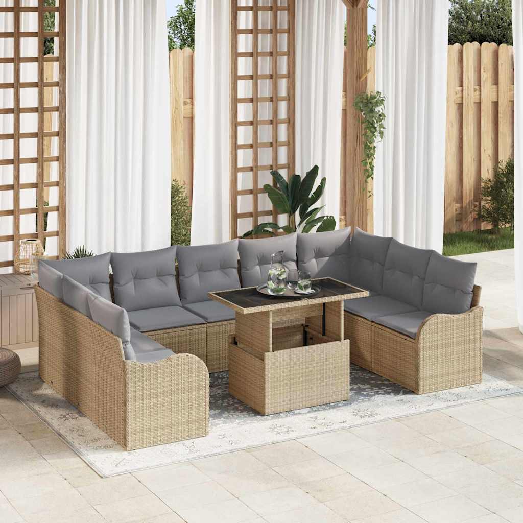 Havesofa Sæt med pude med pude 10 pcs Beige Poly Rattan