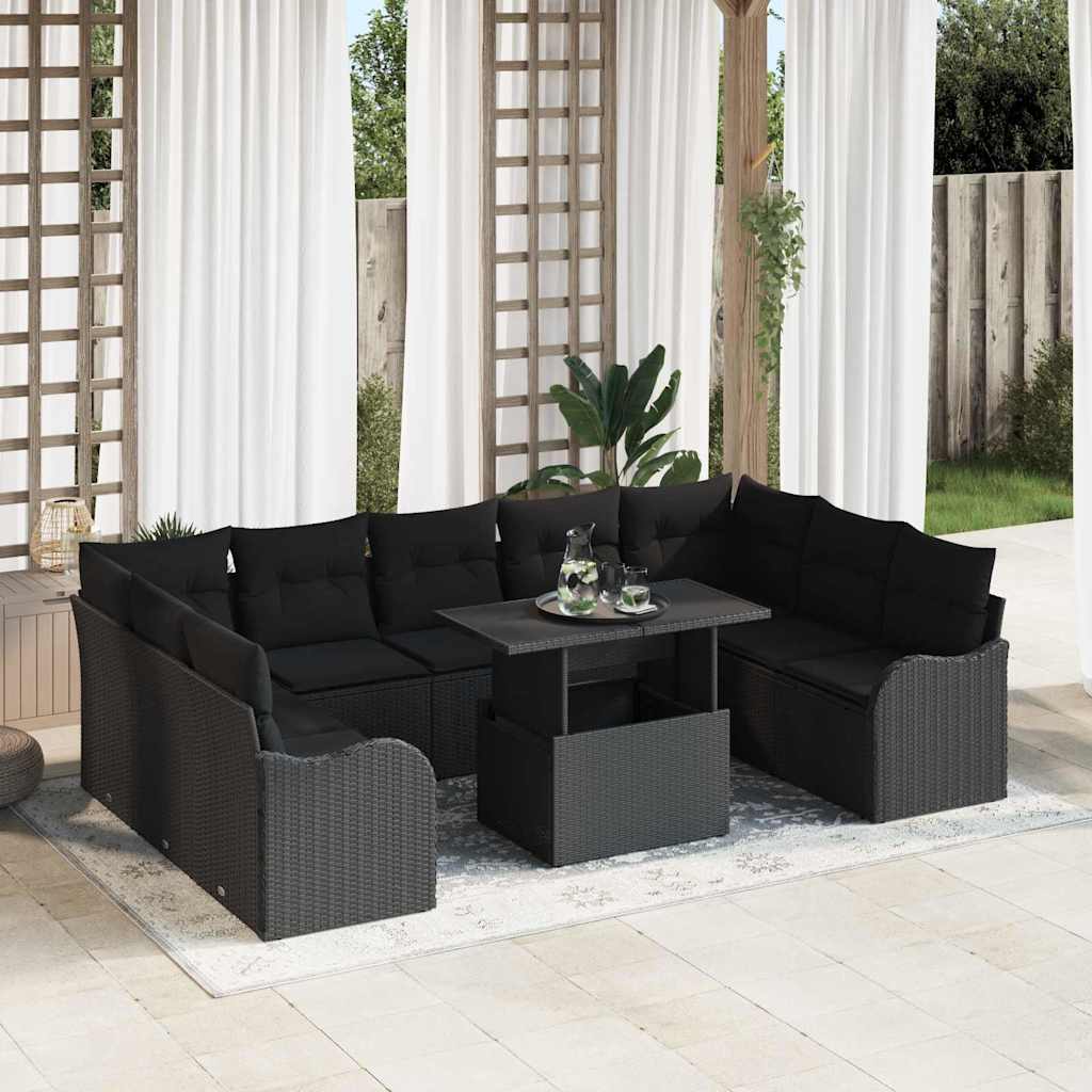 Havesofa Sæt med pude med pude 10 pcs Sort Poly Rattan