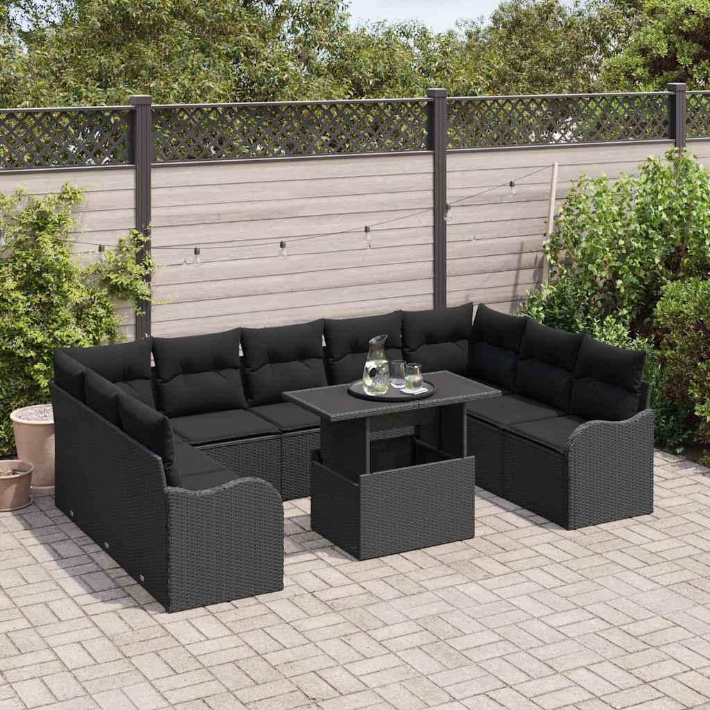 Havesofa Sæt med pude med pude 10 pcs Sort Poly Rattan