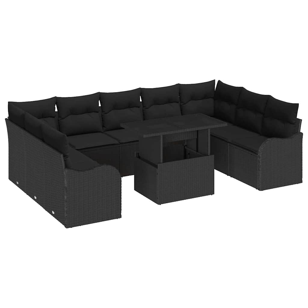 Havesofa Sæt med pude med pude 10 pcs Sort Poly Rattan