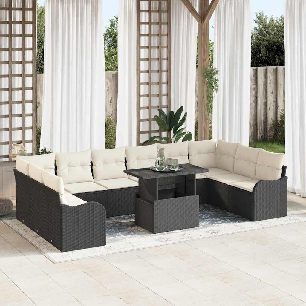 Havesofa Sæt med pude med pude 11 pcs Sort Poly Rattan