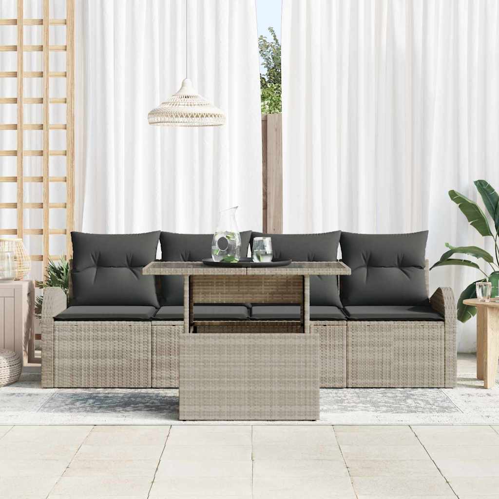 Havesofa Sæt med pude med pude 5 pcs Lysegrå Poly Rattan