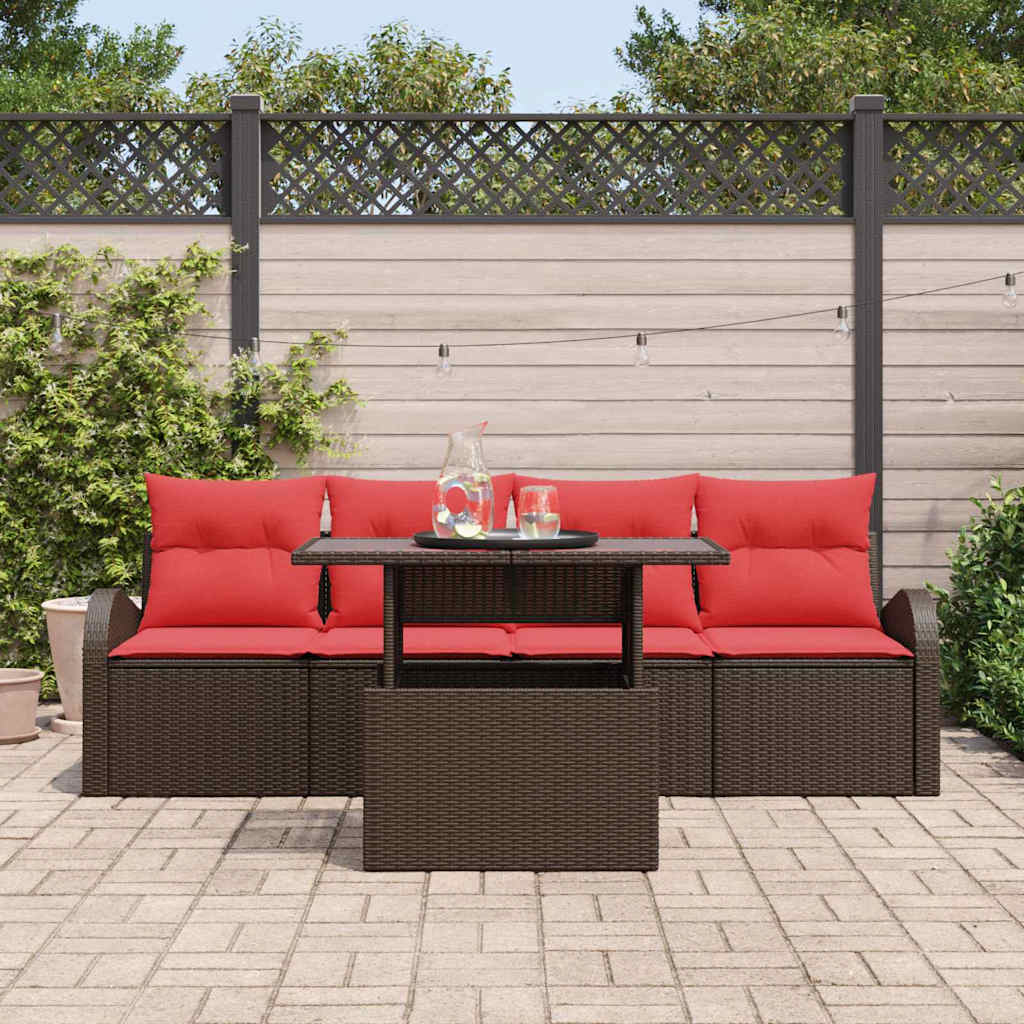Havesofa Sæt med pude med pude 5 pcs Brun Poly Rattan
