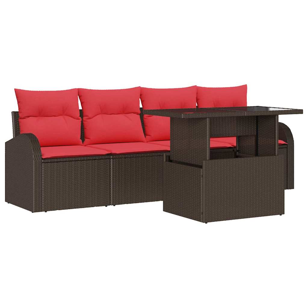 Havesofa Sæt med pude med pude 5 pcs Brun Poly Rattan