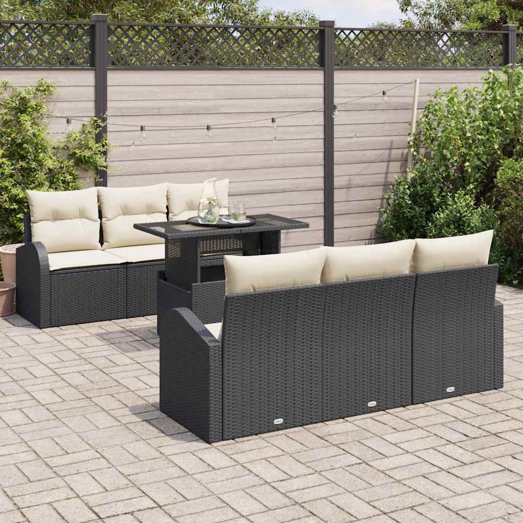 Havesofa Sæt med pude med opbevaring 7 pcs Sort Poly Rattan