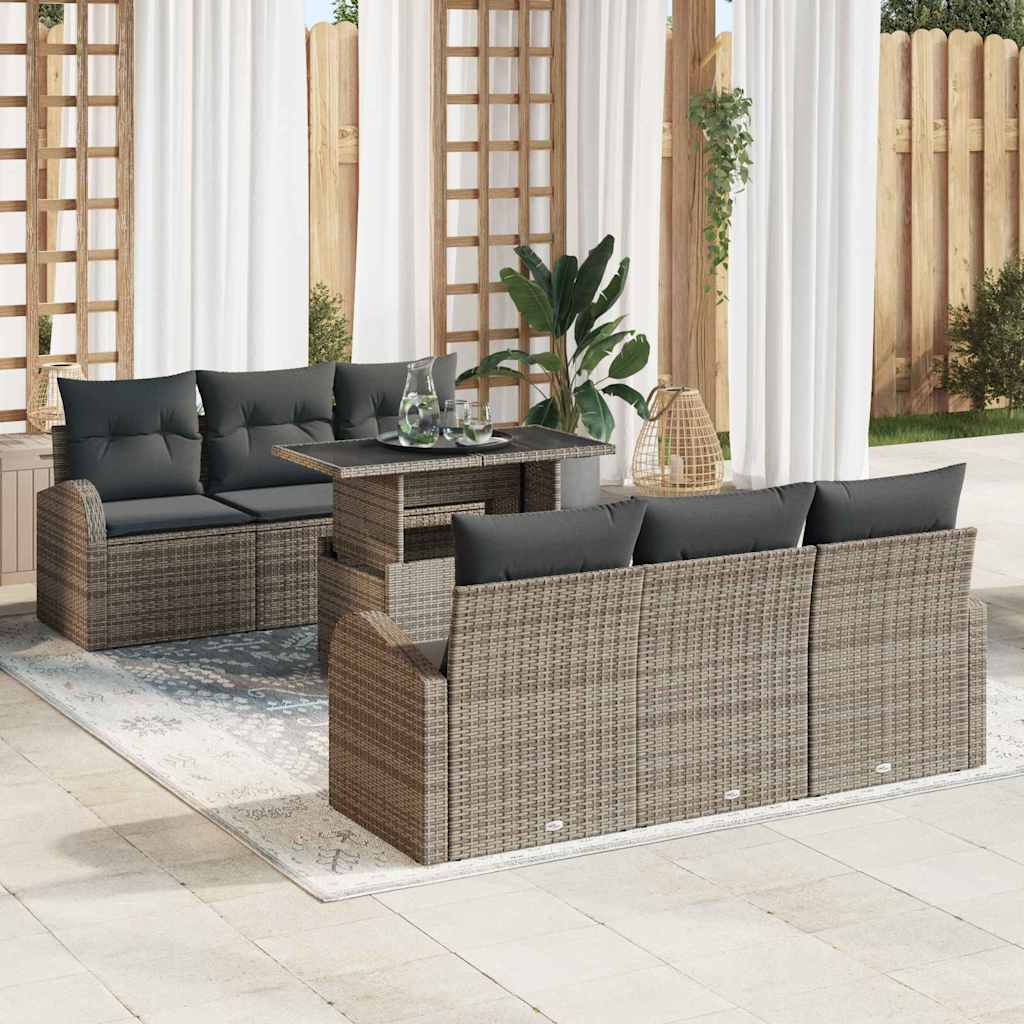 Havesofa Sæt med pude med opbevaring 7 pcs Grå Poly Rattan