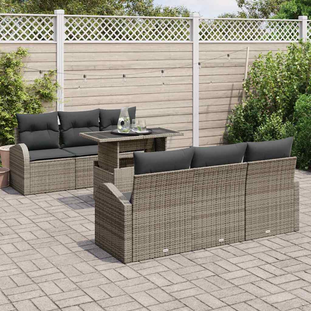Havesofa Sæt med pude med opbevaring 7 pcs Grå Poly Rattan