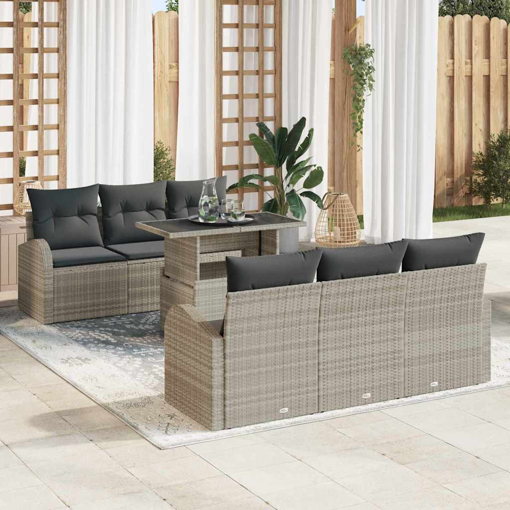 Havesofa Sæt med pude med opbevaring 7 pcs Lysegrå Poly Rattan
