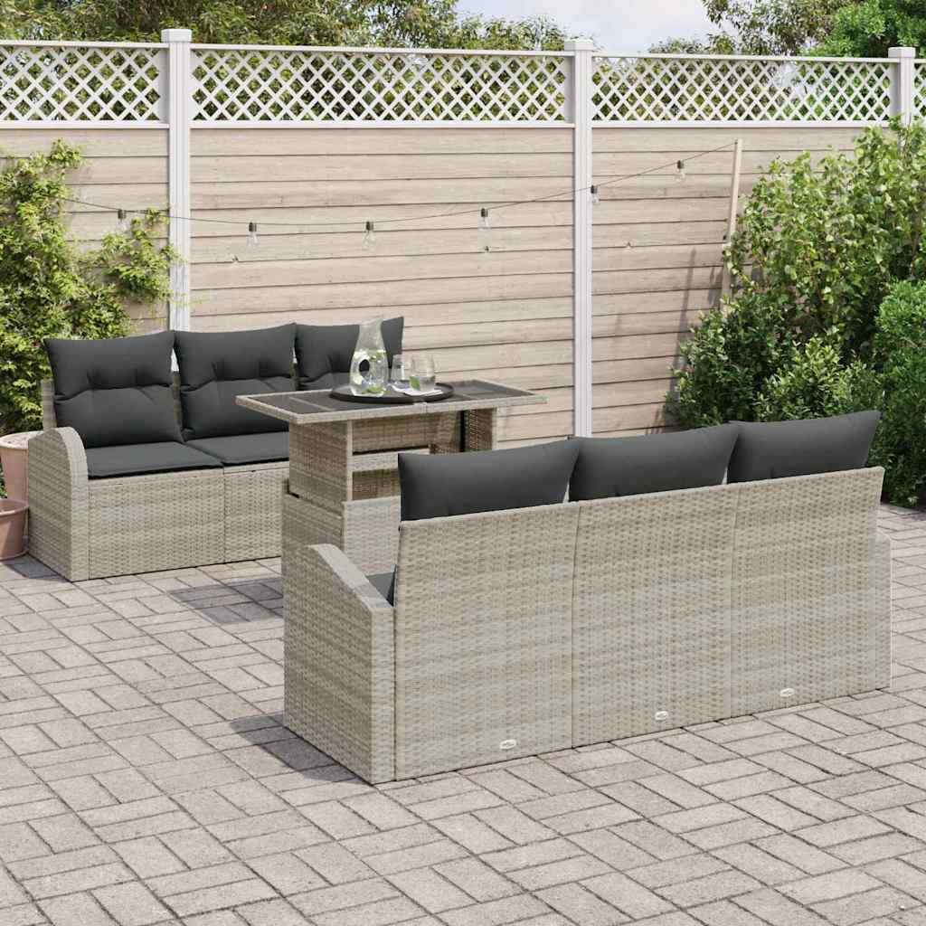 Havesofa Sæt med pude med opbevaring 7 pcs Lysegrå Poly Rattan