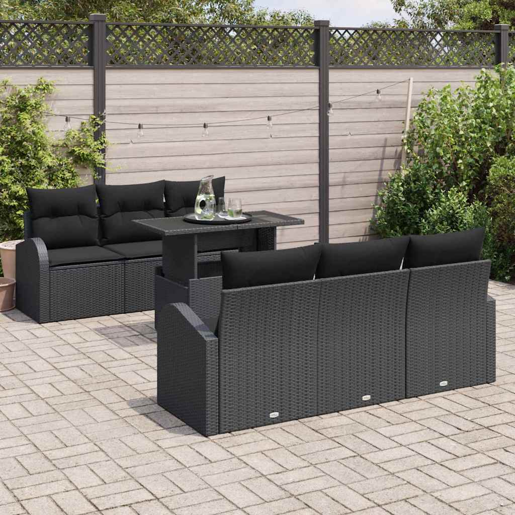 Havesofa Sæt med pude med opbevaring 7 pcs Sort Poly Rattan