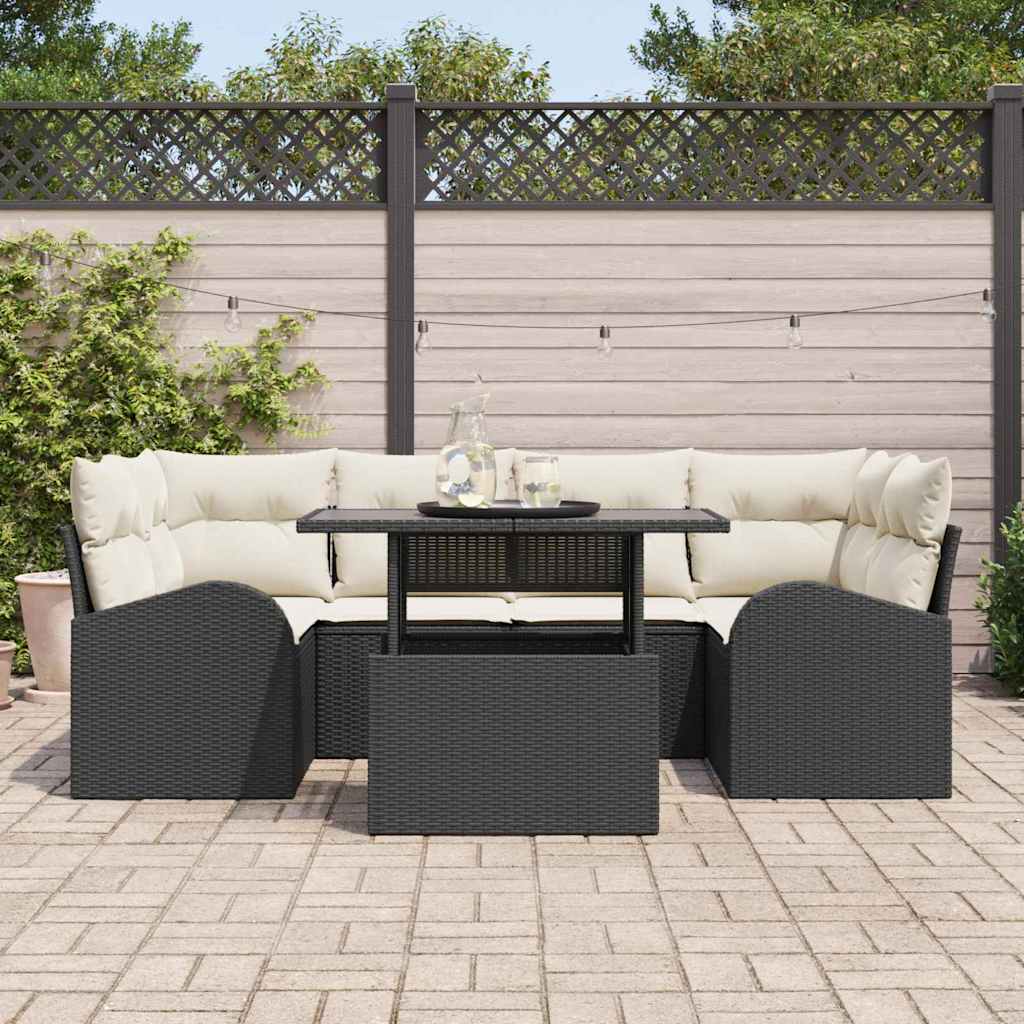Havesofa Sæt med pude med opbevaring 7 pcs Sort Poly Rattan