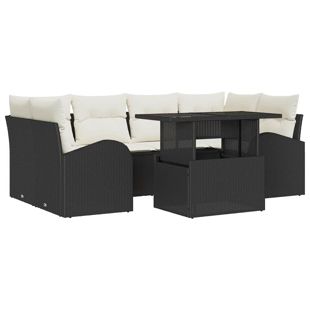 Havesofa Sæt med pude med opbevaring 7 pcs Sort Poly Rattan