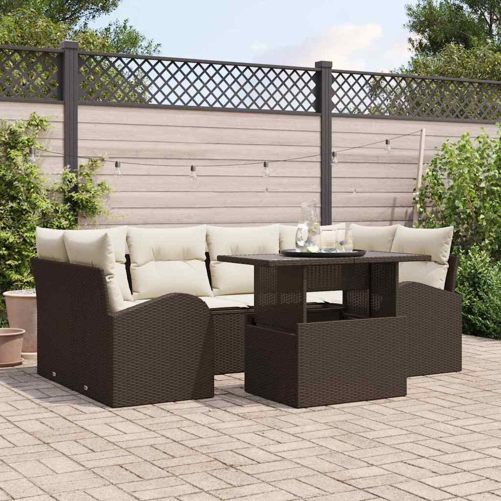 Havesofa Sæt med pude med opbevaring 7 pcs Brun Poly Rattan