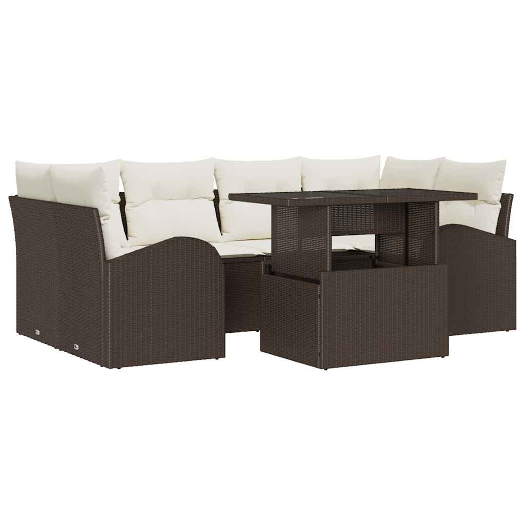 Havesofa Sæt med pude med opbevaring 7 pcs Brun Poly Rattan