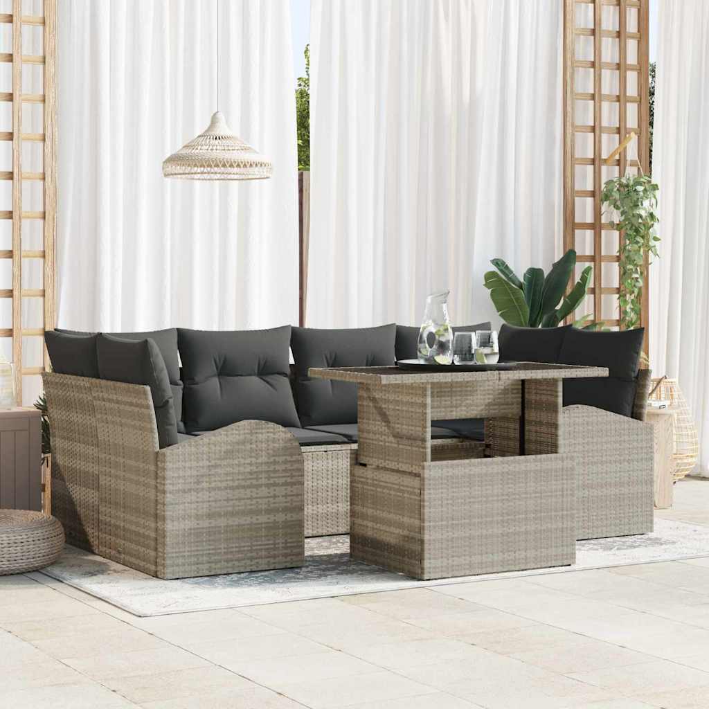 Havesofa Sæt med pude med opbevaring 7 pcs Lysegrå Poly Rattan