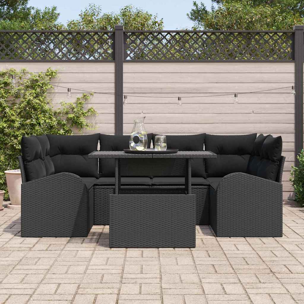 Havesofa Sæt med pude med opbevaring 7 pcs Sort Poly Rattan