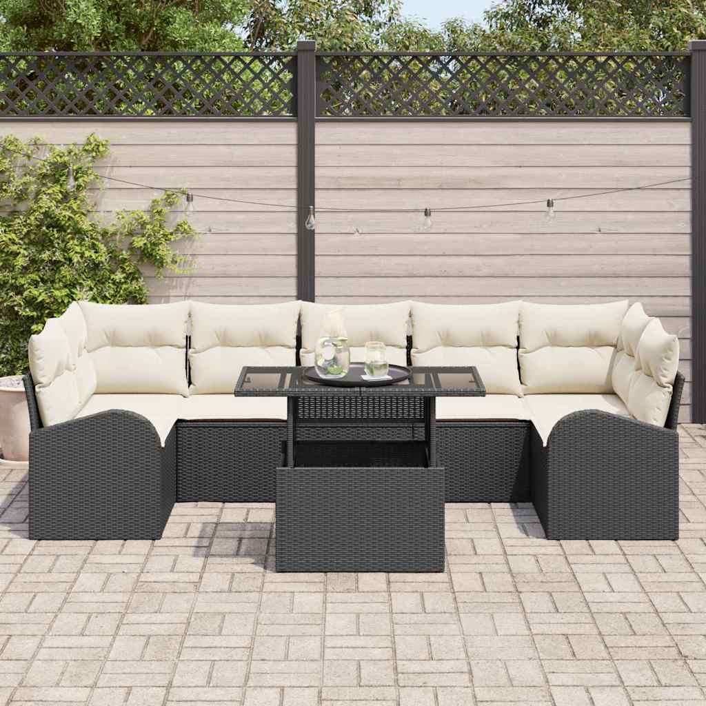Havesofa Sæt med pude med opbevaring 8 pcs Sort Poly Rattan