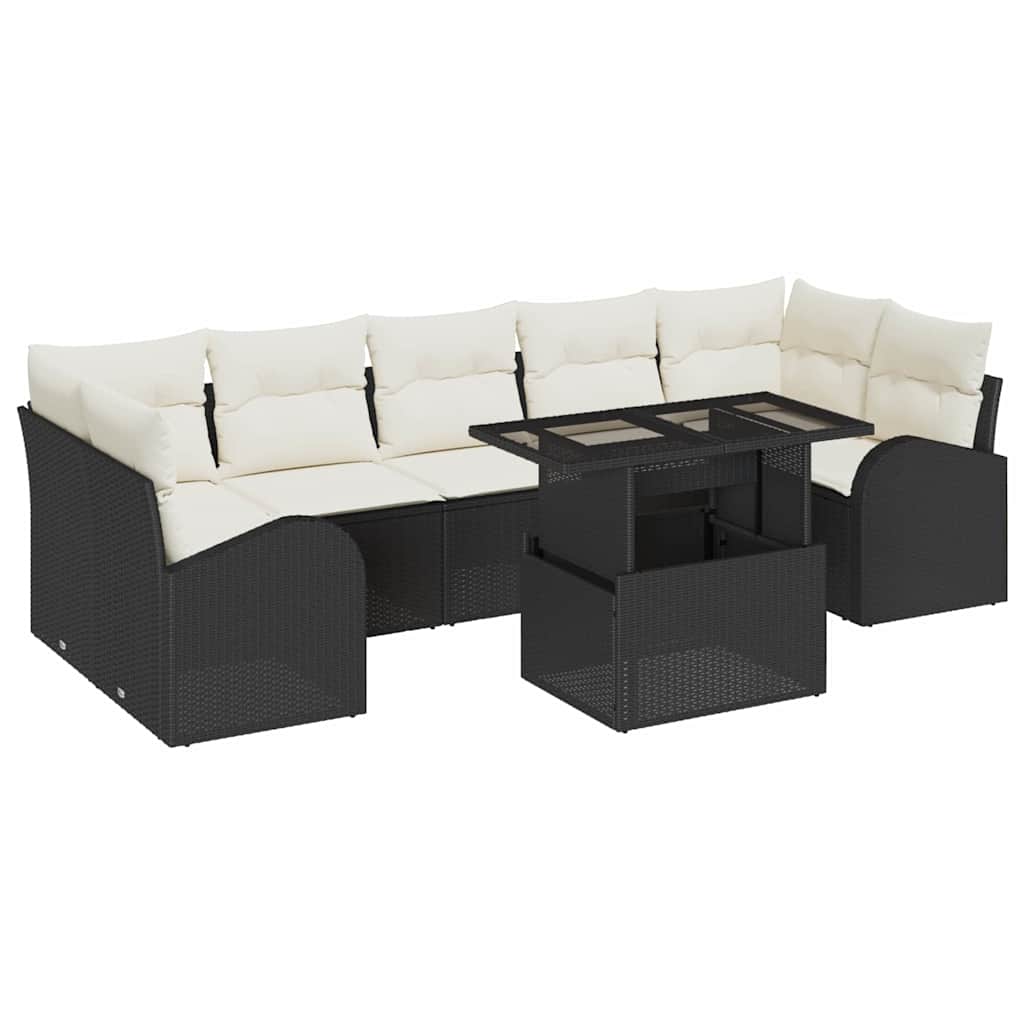 Havesofa Sæt med pude med opbevaring 8 pcs Sort Poly Rattan
