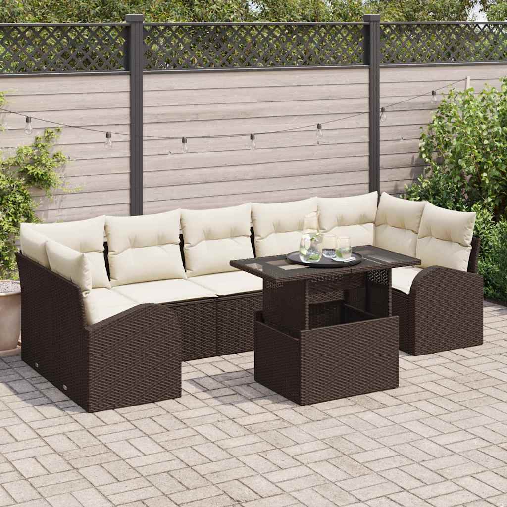 Havesofa Sæt med pude med opbevaring 8 pcs Brun Poly Rattan