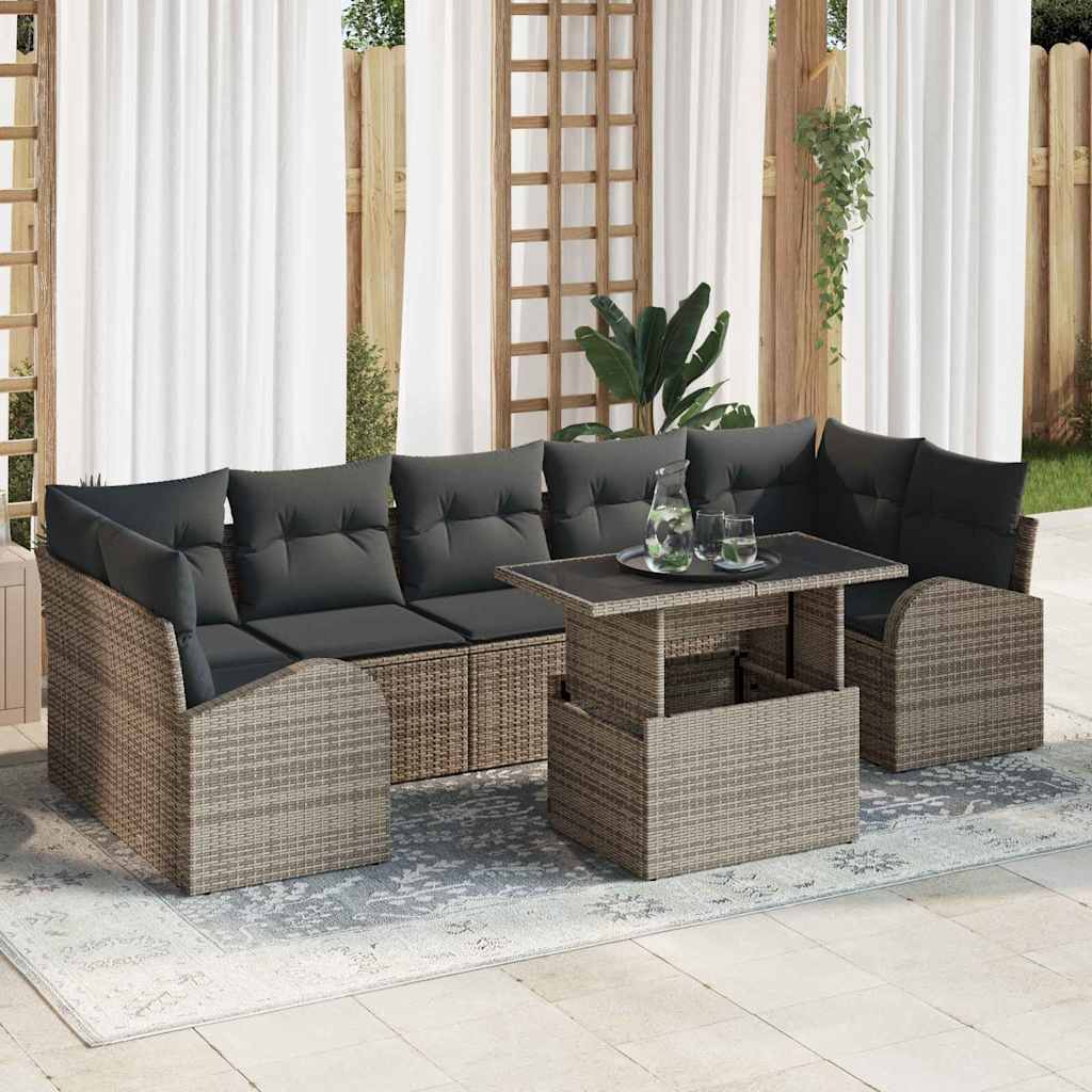 Havesofa Sæt med pude med opbevaring 8 pcs Grå Poly Rattan