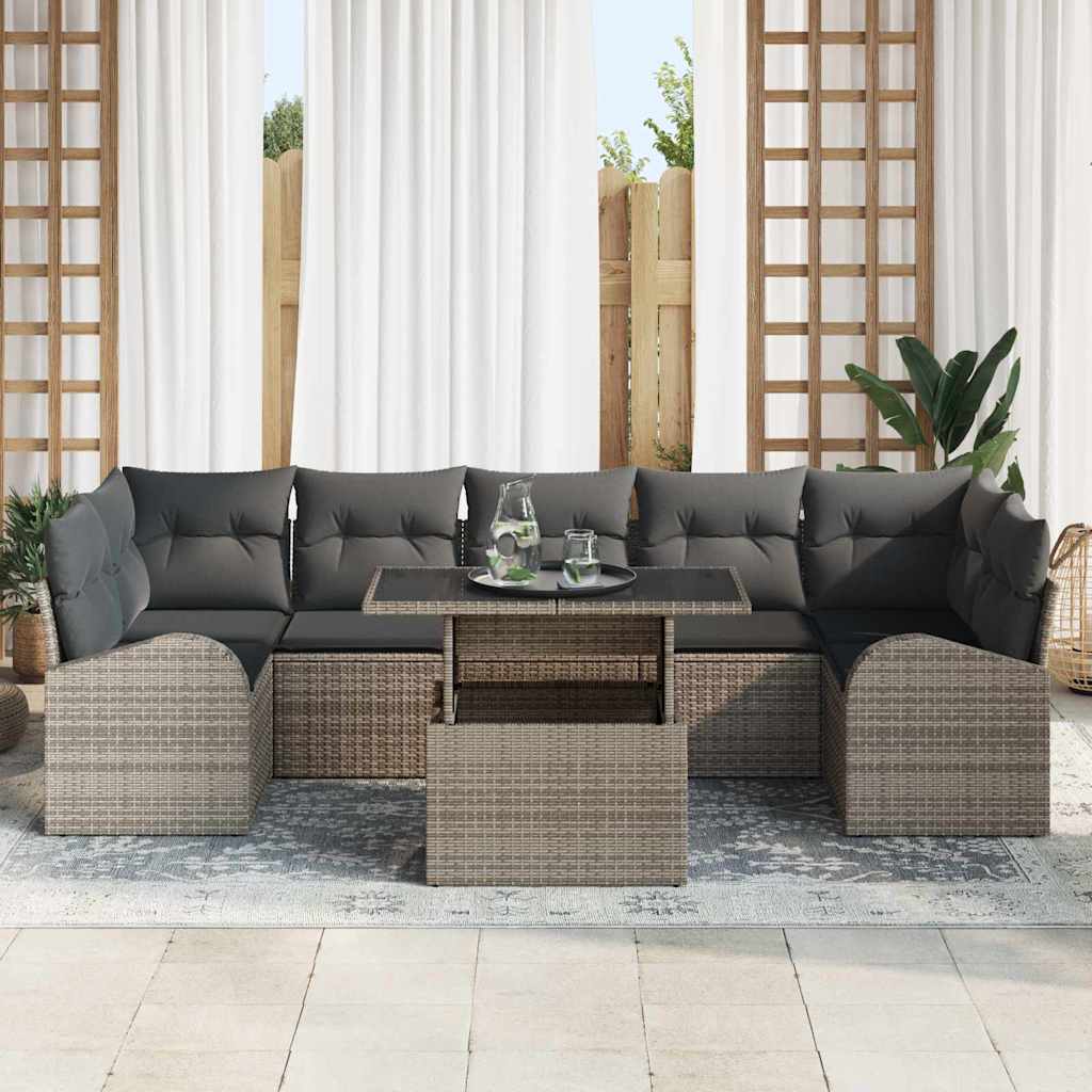 Havesofa Sæt med pude med opbevaring 8 pcs Grå Poly Rattan