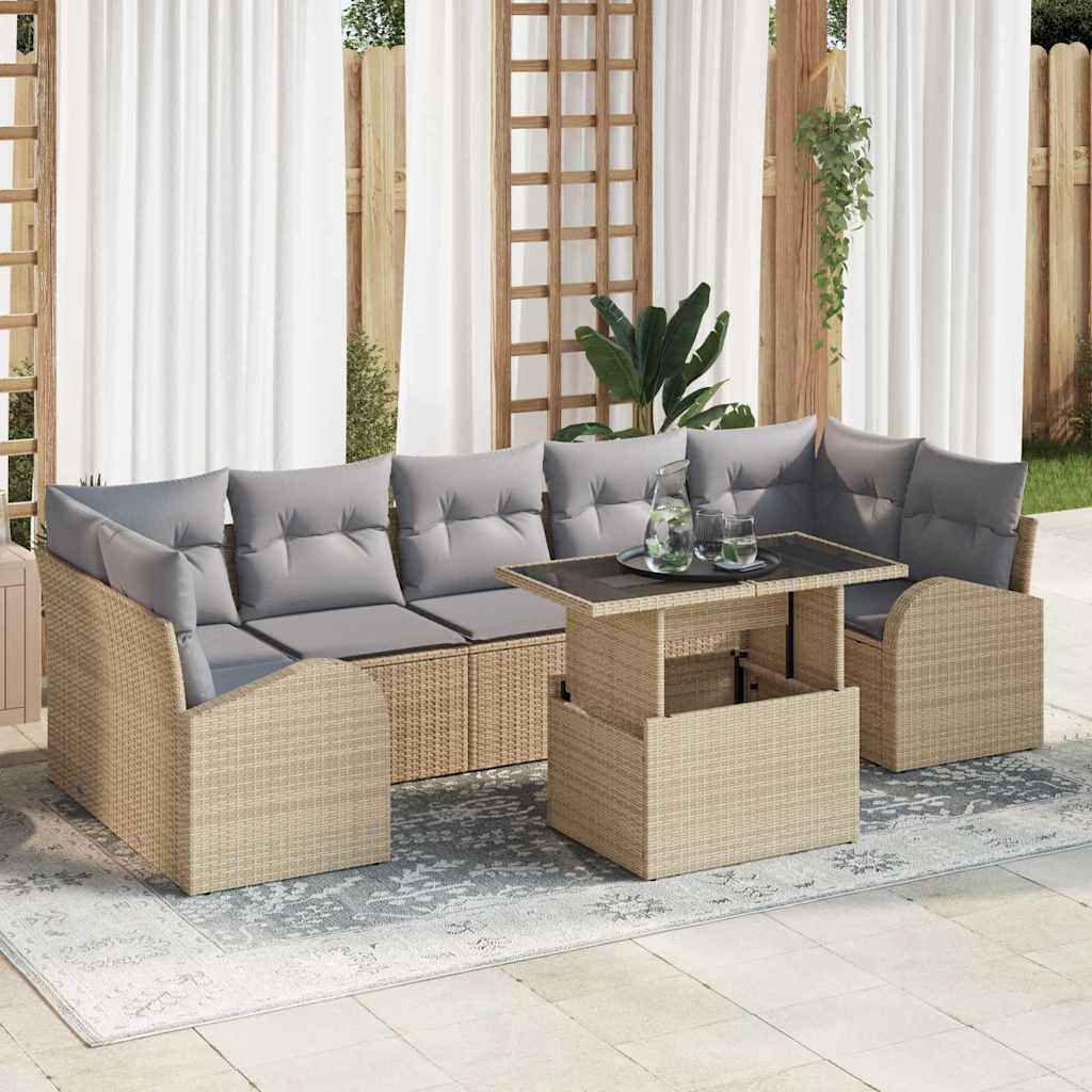 Havesofa Sæt med pude med opbevaring 8 pcs Beige Poly Rattan