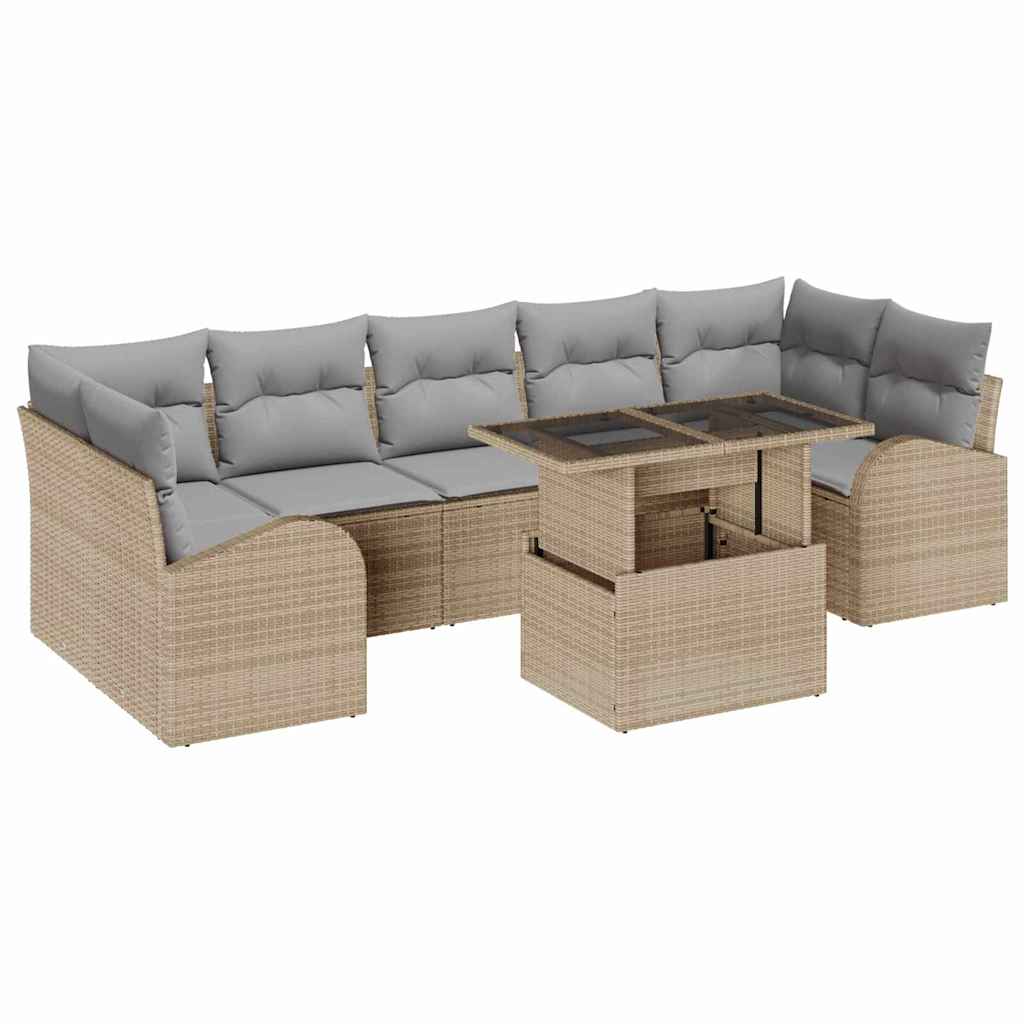 Havesofa Sæt med pude med opbevaring 8 pcs Beige Poly Rattan