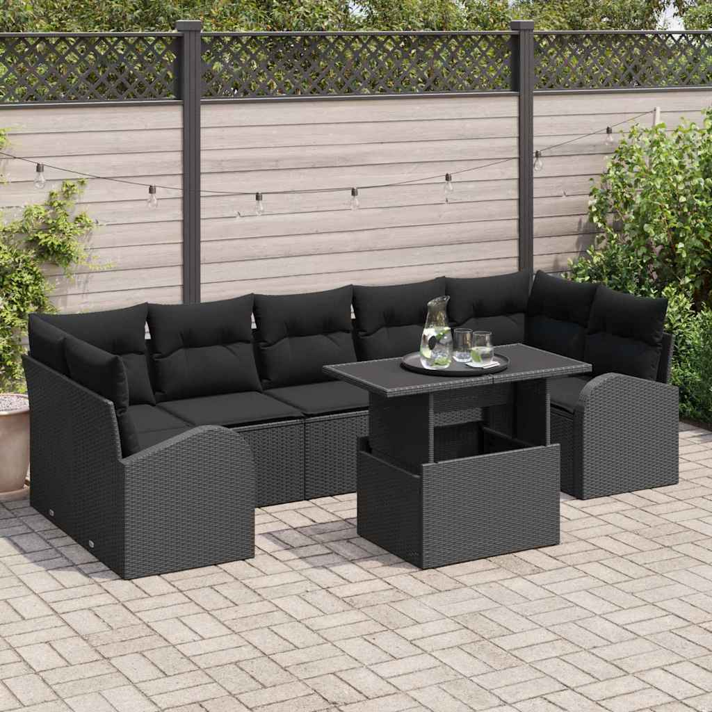 Havesofa Sæt med pude med opbevaring 8 pcs Sort Poly Rattan