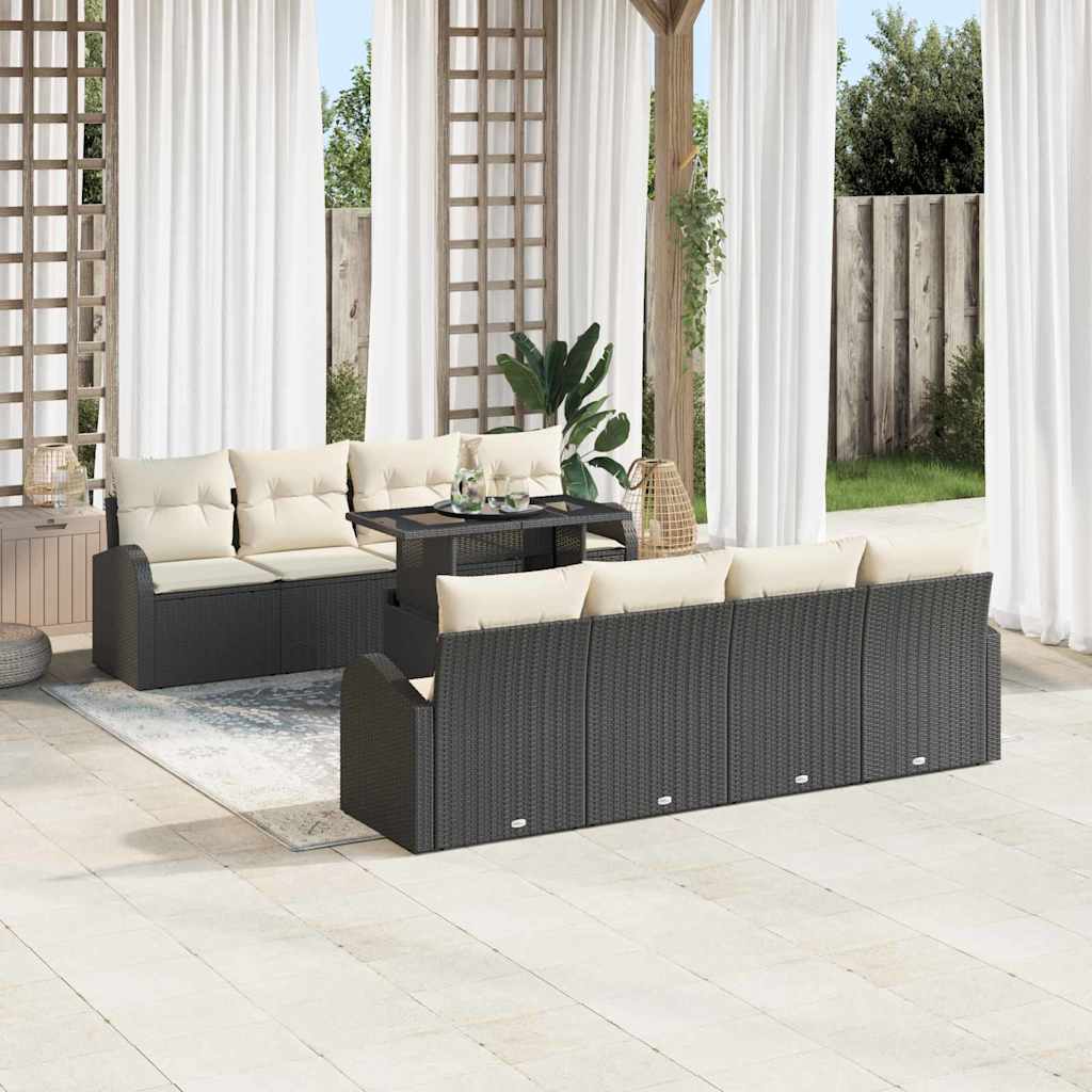 Havesofa Sæt med pude med opbevaring 9 pcs Sort Poly Rattan