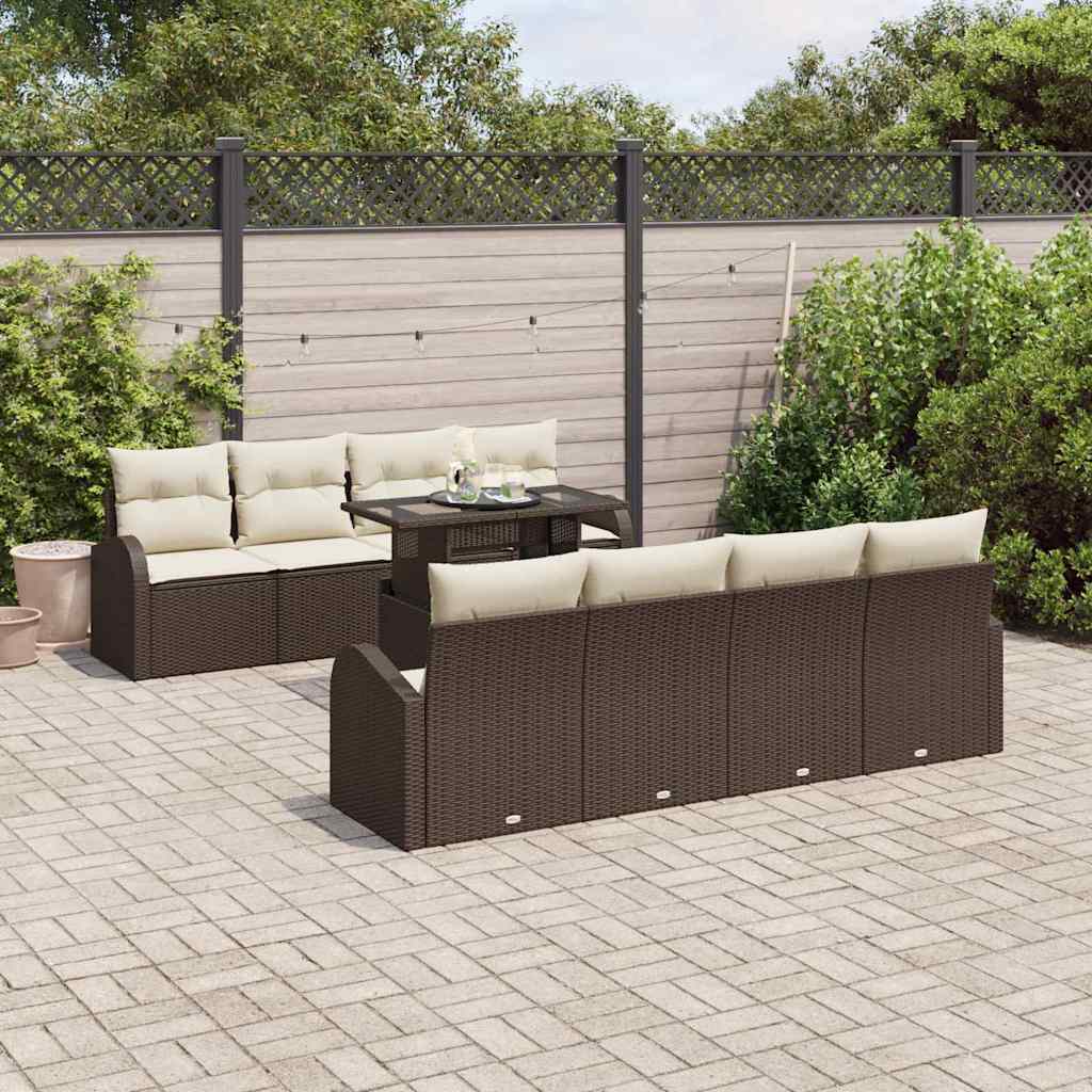 Havesofa Sæt med pude med opbevaring 9 pcs Brun Poly Rattan