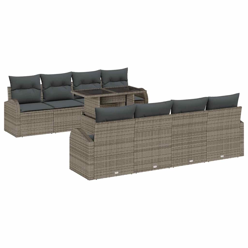 Havesofa Sæt med pude med opbevaring 9 pcs Grå Poly Rattan