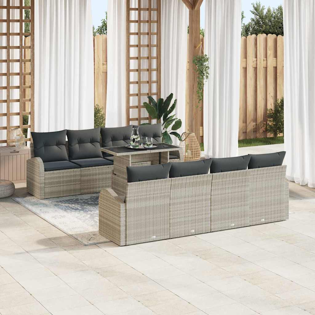 Havesofa Sæt med pude med opbevaring 9 pcs Lysegrå Poly Rattan