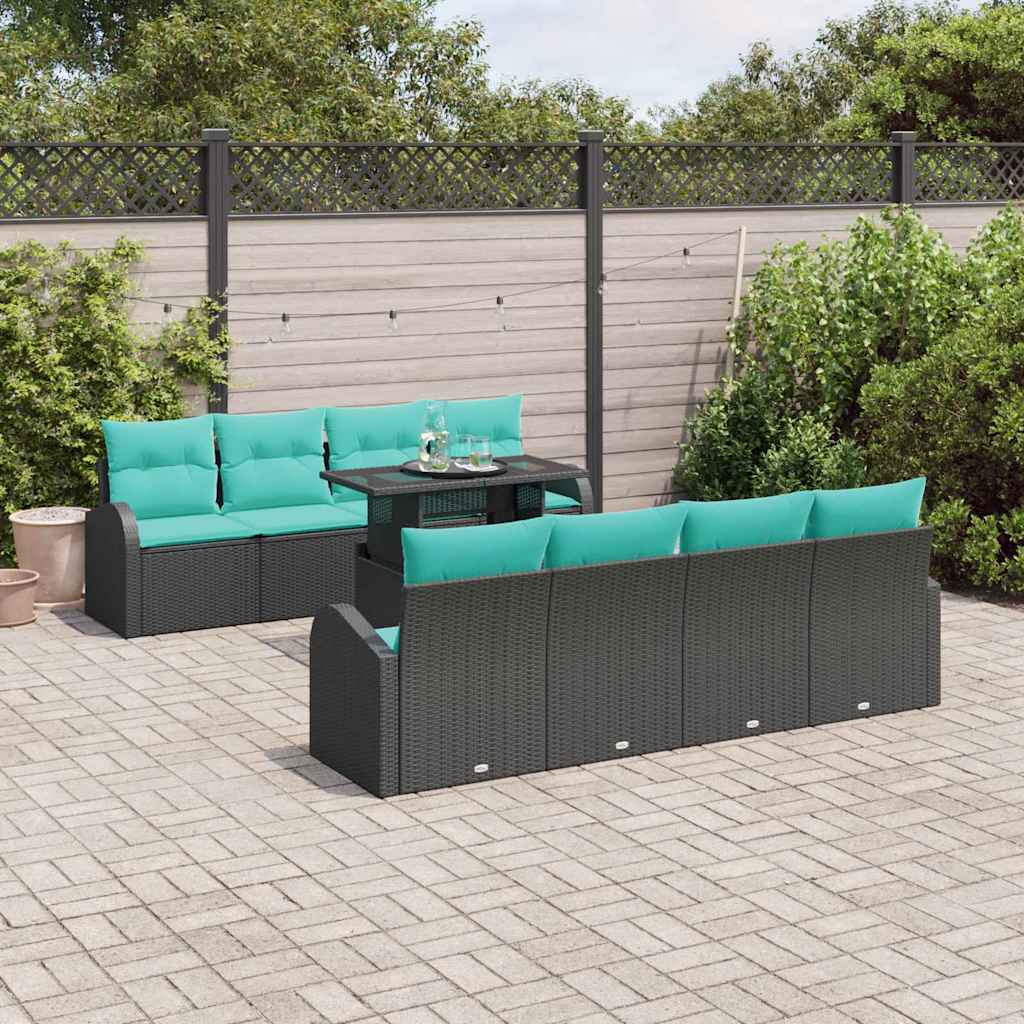 Havesofa Sæt med pude med opbevaring 9 pcs Sort Poly Rattan