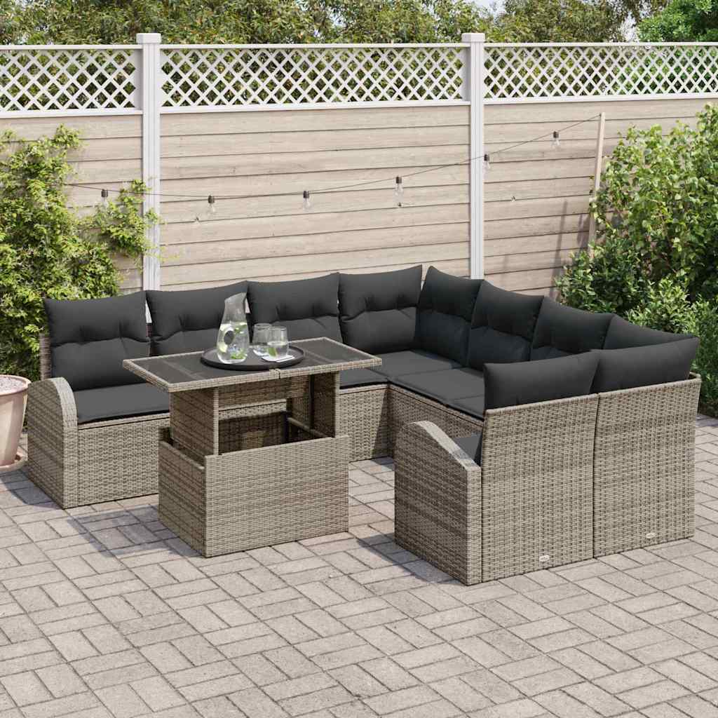 Havesofa Sæt med pude med opbevaring 9 pcs Grå Poly Rattan