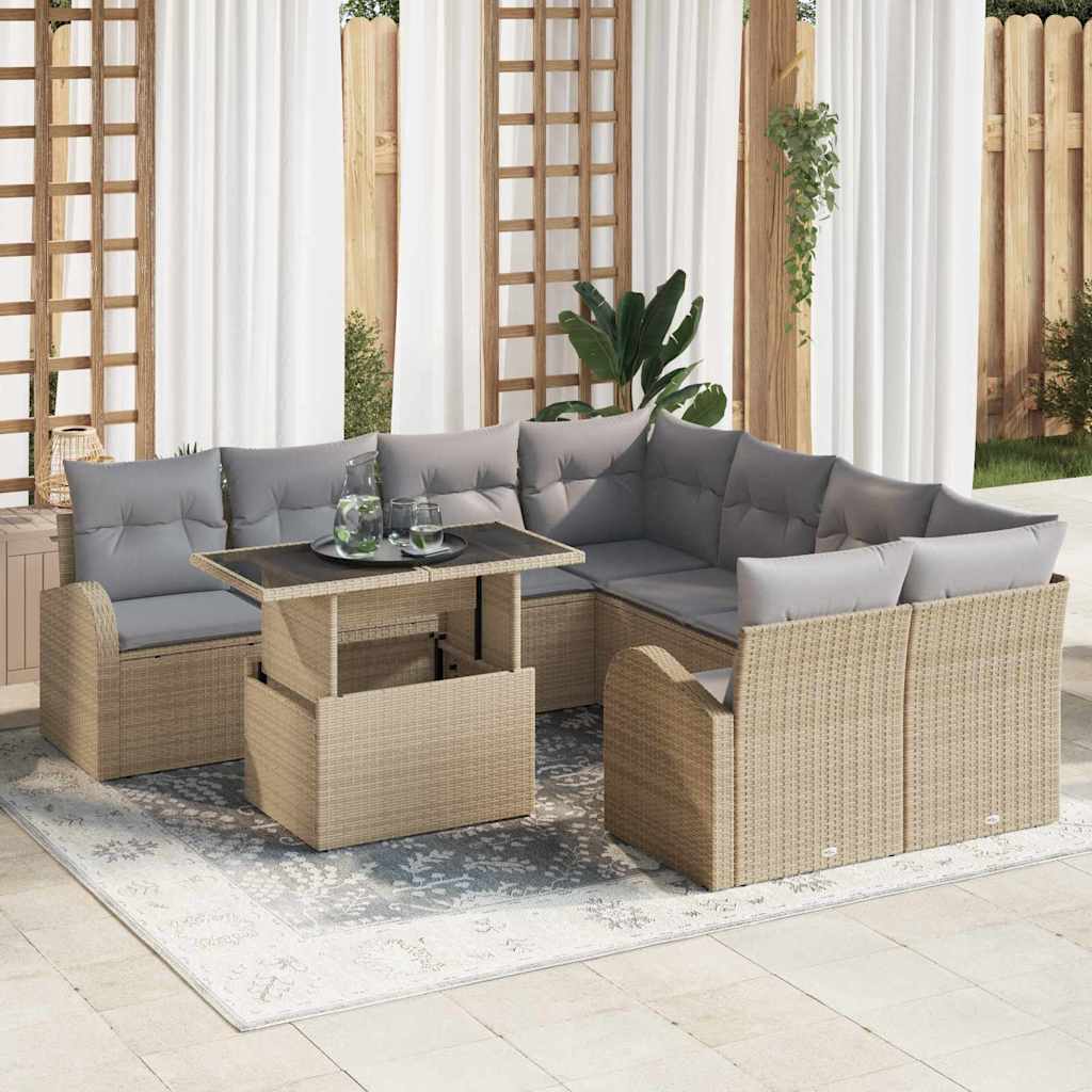 Havesofa Sæt med pude med opbevaring 9 pcs Beige Poly Rattan