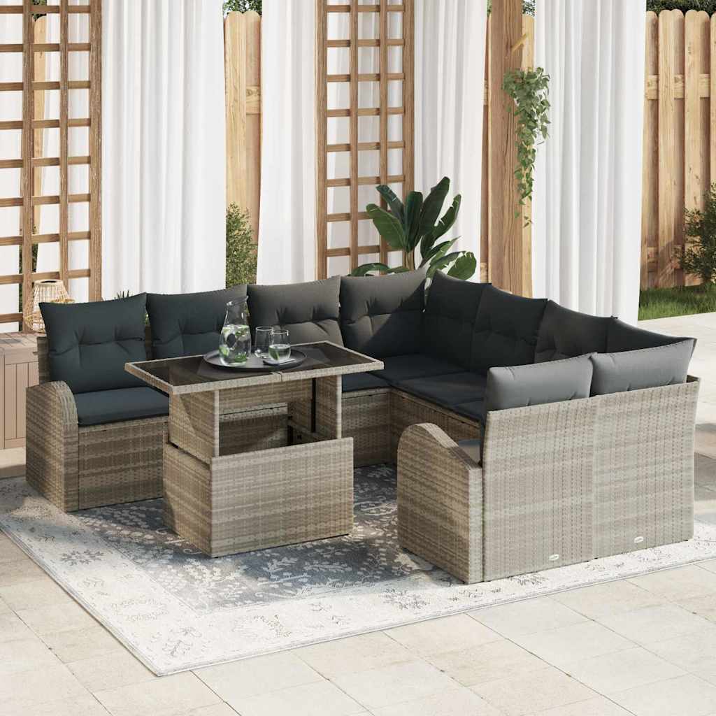 Havesofa Sæt med pude med opbevaring 9 pcs Lysegrå Poly Rattan