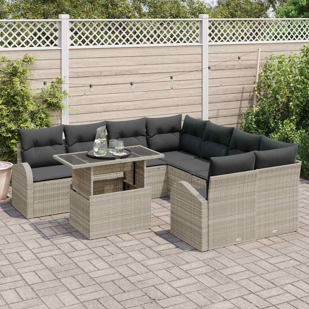 Havesofa Sæt med pude med opbevaring 9 pcs Lysegrå Poly Rattan