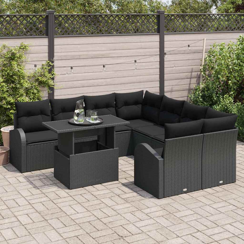 Havesofa Sæt med pude med opbevaring 9 pcs Sort Poly Rattan