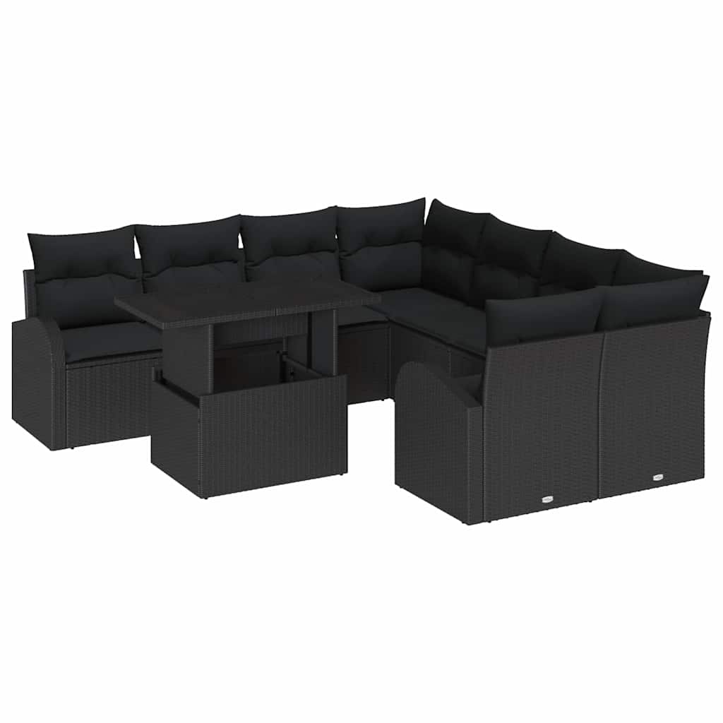 Havesofa Sæt med pude med opbevaring 9 pcs Sort Poly Rattan