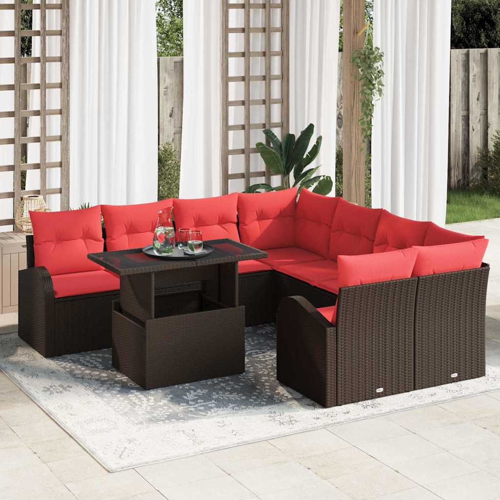 Havesofa Sæt med pude med opbevaring 9 pcs Brun Poly Rattan