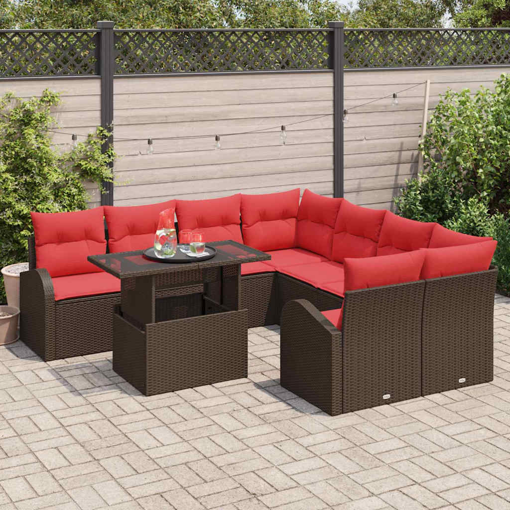 Havesofa Sæt med pude med opbevaring 9 pcs Brun Poly Rattan
