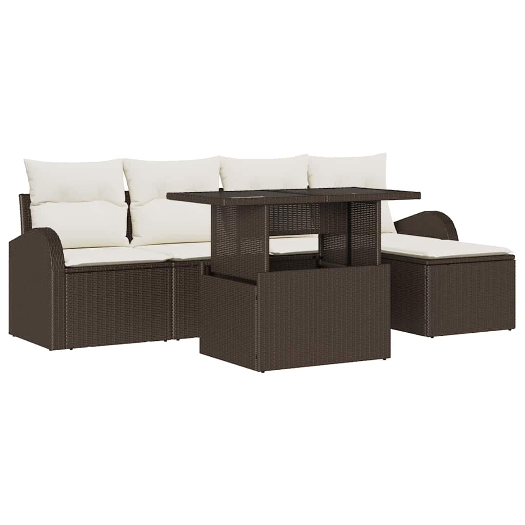 Havesofa Sæt med pude med opbevaring 6 pcs Brun Poly rattan