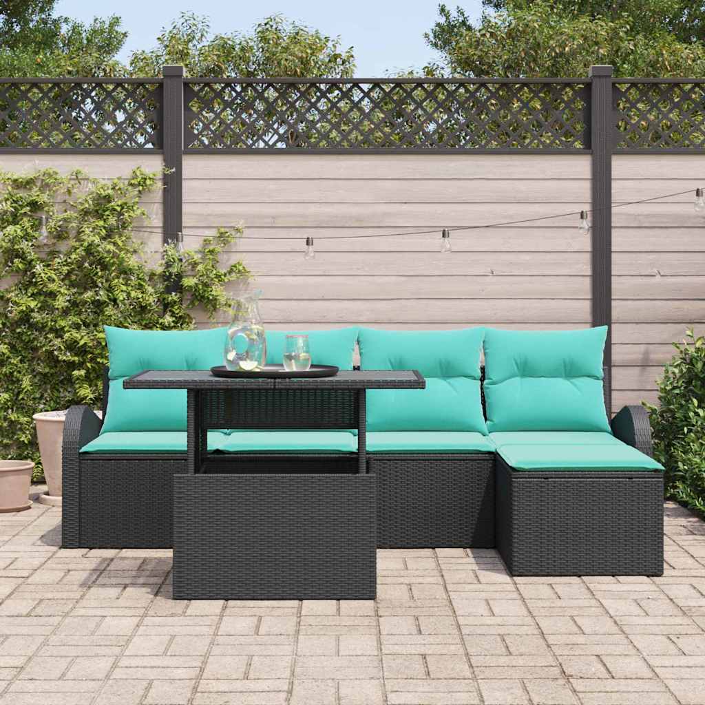 Havesofa Sæt med pude med opbevaring 6 pcs Sort Poly rattan