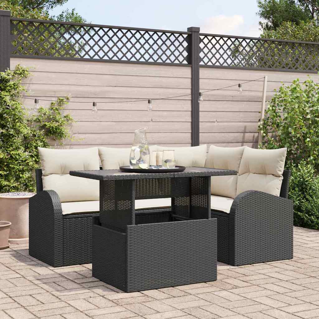 Havesofa Sæt med pude med opbevaring 5 pcs Sort Poly rattan
