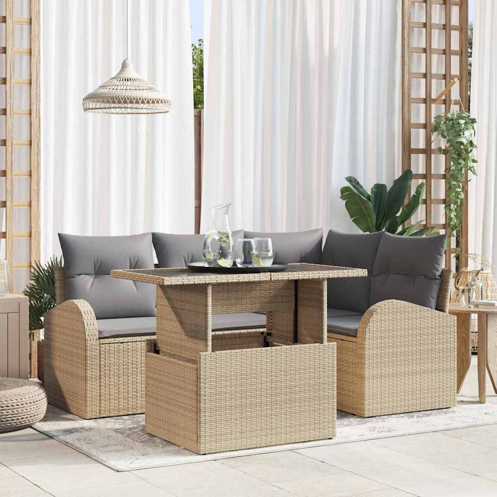Havesofa Sæt med pude med opbevaring 5 pcs Beige Poly rattan