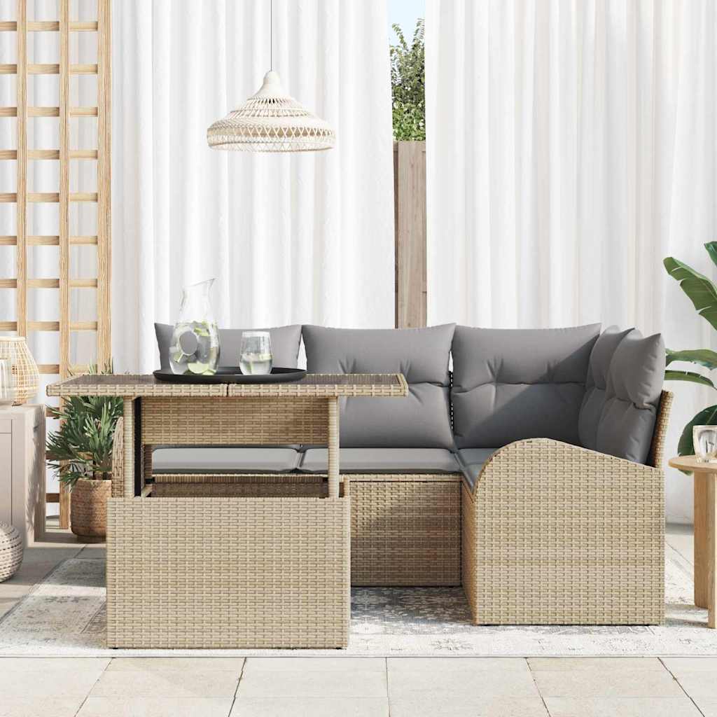 Havesofa Sæt med pude med opbevaring 5 pcs Beige Poly rattan