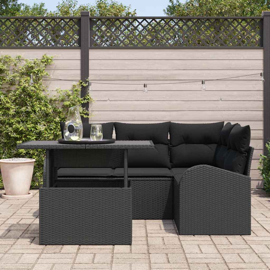 Havesofa Sæt med pude med opbevaring 5 pcs Sort Poly rattan